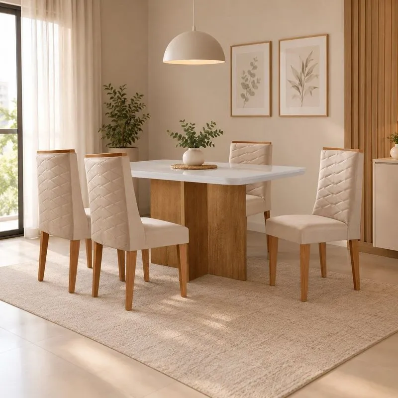 Conjunto Sala De Jantar Mesa Moscou TP Vidro Canto Copo Com 4 Cadeiras Mariana Veludo Creme/Off White/Naturale/Serig. Off White