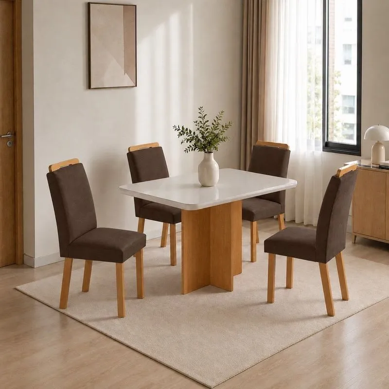 Conjunto Sala De Jantar Mesa Moscou Tp Vidro Canto Copo Com 4 Cadeiras Mariana Marrom/Off White/Naturale/Serig. Off White