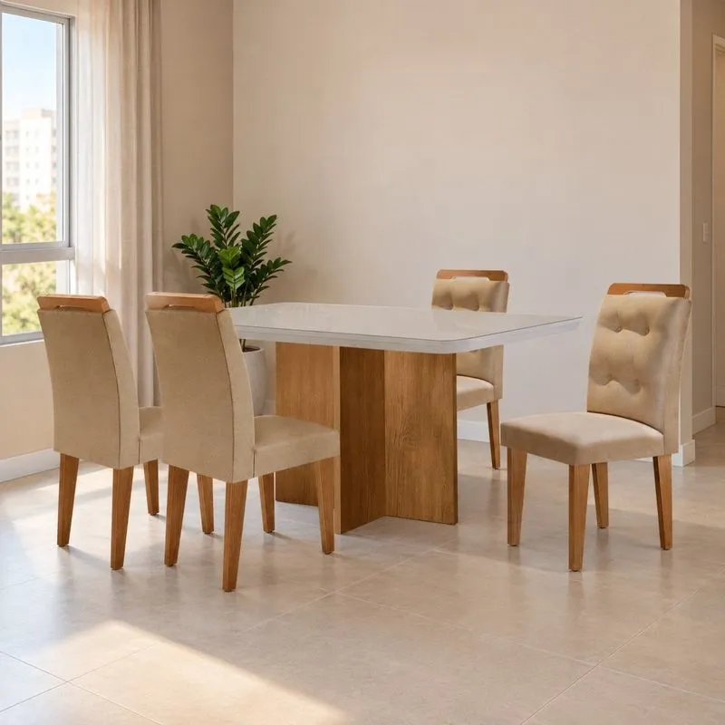 Conjunto Sala De Jantar Mesa Moscou TP Vidro Canto Copo Com 4 Cadeiras Valentina Turim 07/ Off White/ Naturale/ Serig. Off White