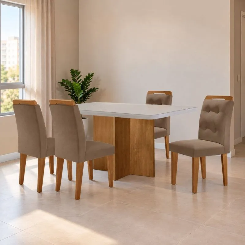 Conjunto Sala De Jantar Mesa Moscou TP Vidro Canto Copo Com 4 Cadeiras Valentina Capuccino/Off White/Naturale/Serig. Off White