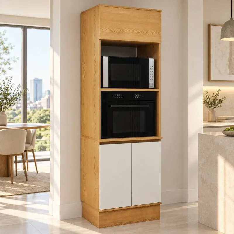 Paneleiro Torre Quente Com Espaço Para Forno E Micro-ondas Com Rodapés Decorativos Cinamomo/Off White