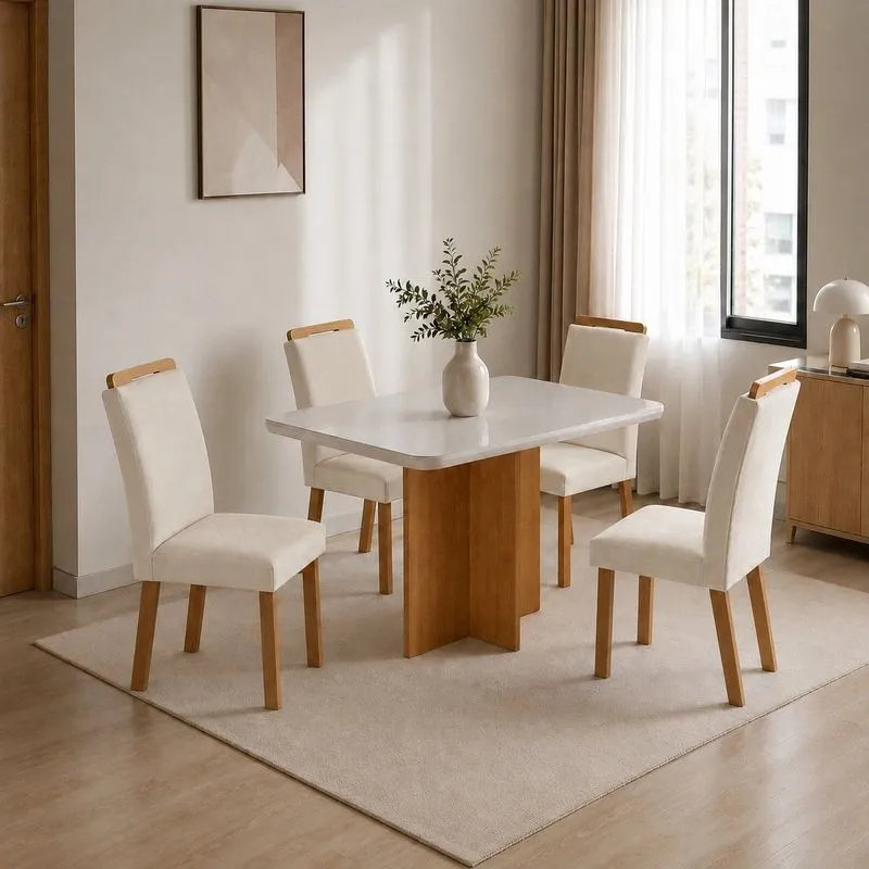 Conjunto Sala De Jantar Mesa Moscou TP Vidro Canto Copo Com 4 Cadeiras Mariana Veludo Creme/Off White/Naturale/Serig. Off White