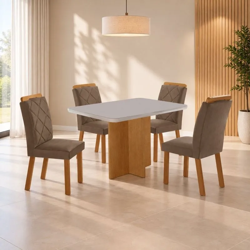 Conjunto Sala De Jantar Mesa Moscou TP Vidro Canto Copo Com 4 Cadeiras Irlanda Capuccino/Off White/Naturale/Serig. Off White