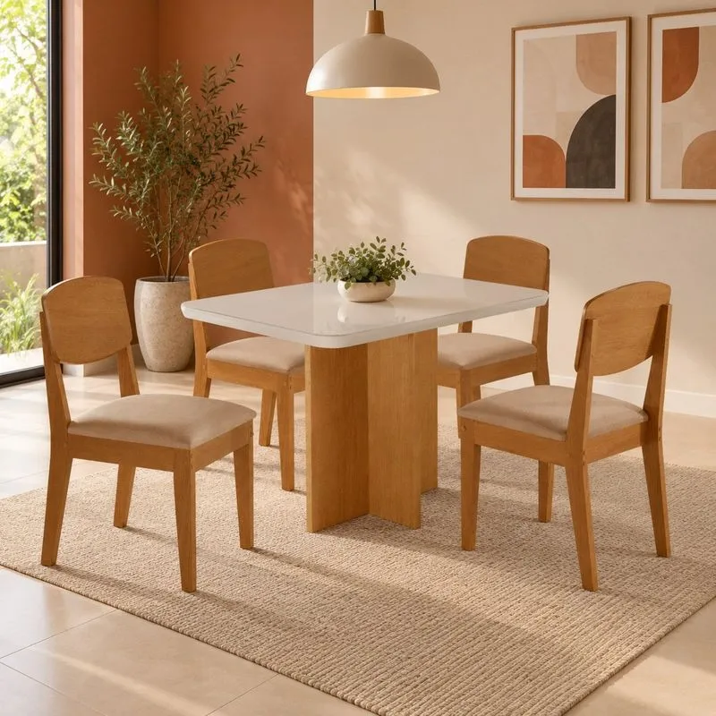 Conjunto Sala De Jantar Mesa Moscou TP Vidro Canto Copo Com 4 Cadeiras Cleo Turim 07/ Off White/ Naturale/ Serig. Off White