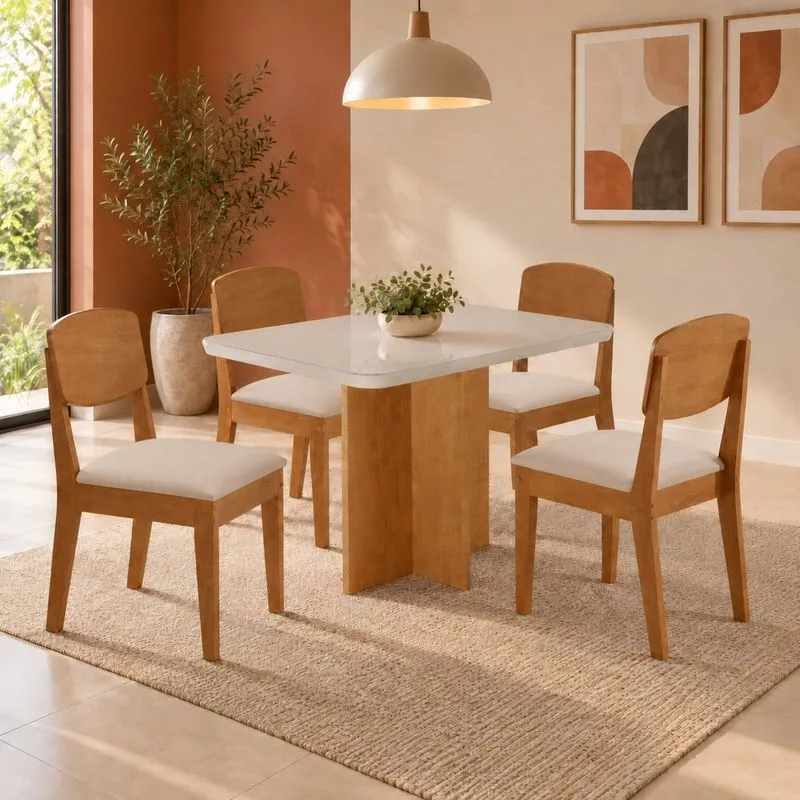 Conjunto Sala De Jantar Mesa Moscou TP Vidro Canto Copo Com 4 Cadeiras Cleo Veludo Marrom/Off White/Naturale/Serig. Off White