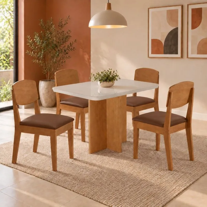 Conjunto Sala De Jantar Mesa Moscou TP Vidro Canto Copo Com 4 Cadeiras Cleo Marrom/Off White/Naturale/Serig. Off White