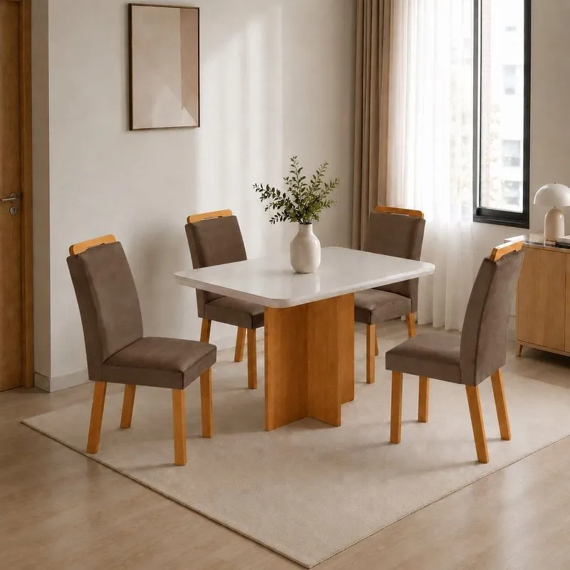 Conjunto Sala De Jantar Mesa Moscou TP Vidro Canto Copo Com 4 Cadeiras Mariana Capuccino/Off White/Naturale/Serig. Off White