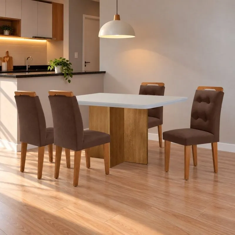 Conjunto Sala De Jantar Mesa Moscou Tp Canto Copo Com 4 Cadeiras Valentina Marrom/Off White/Naturale/Serig. Off White