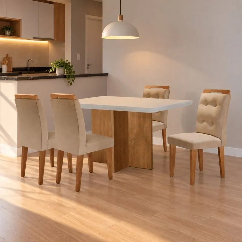Conjunto Sala De Jantar Mesa Moscou Tp Canto Copo Com 4 Cadeiras Valentina Turim 07/ Off White/ Naturale/ Serig. Off White