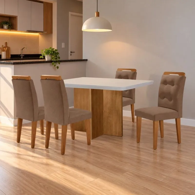 Conjunto Sala De Jantar Mesa Moscou Tp Canto Copo Com 4 Cadeiras Valentina Capuccino/Off White/Naturale/Serig. Off White