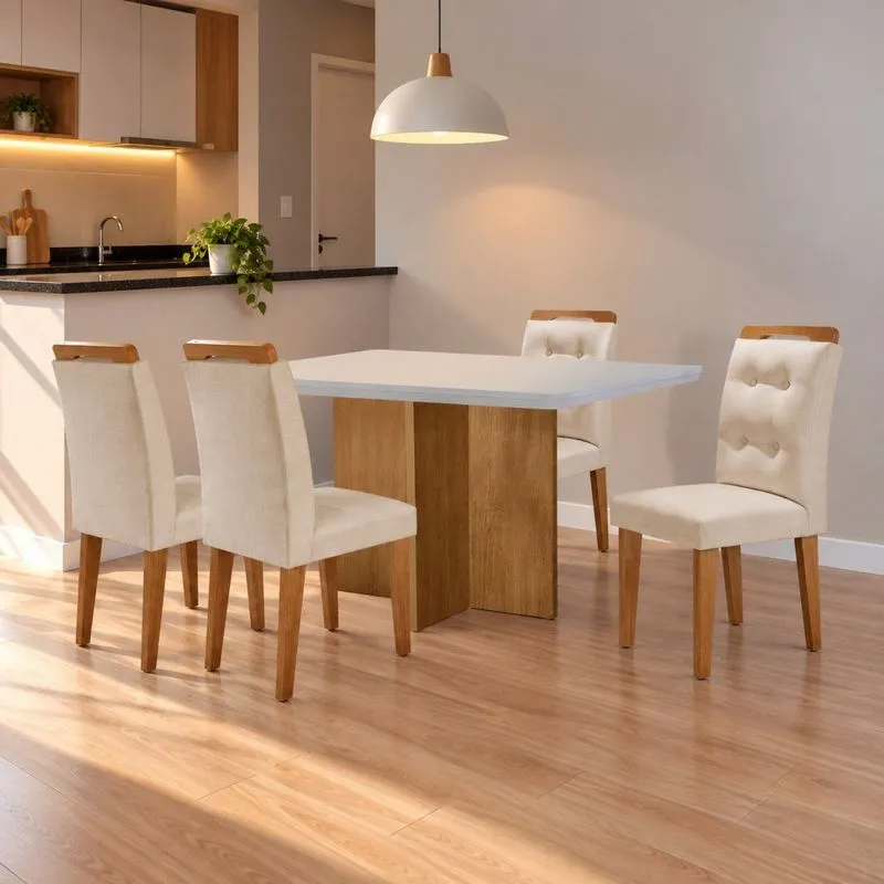 Conjunto Sala De Jantar Mesa Moscou Tp Canto Copo Com 4 Cadeiras Valentina Veludo Creme/Off White/Naturale/Serig. Off White