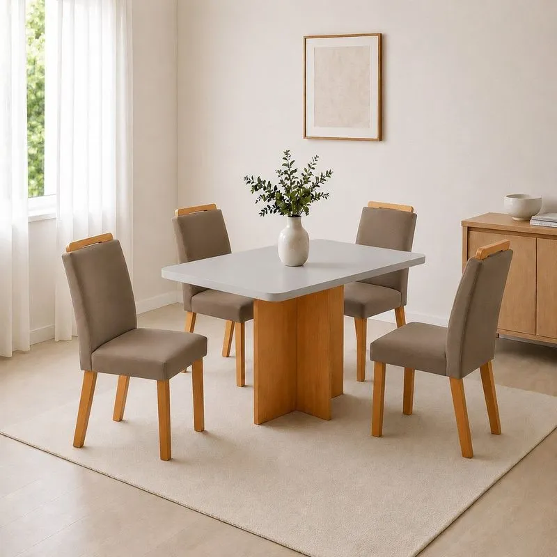 Conjunto Sala De Jantar Mesa Moscou Tp Canto Copo Com 4 Cadeiras Mariana Capuccino/Off White/Naturale/Serig. Off White