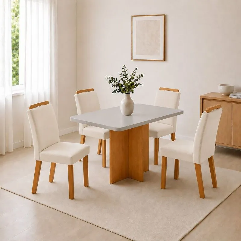 Conjunto Sala De Jantar Mesa Moscou Tp Canto Copo Com 4 Cadeiras Mariana Veludo Creme/Off White/Naturale/Serig. Off White