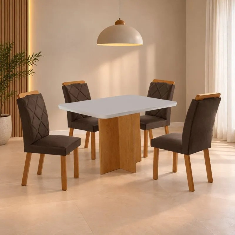 Conjunto Sala De Jantar Mesa Moscou Tp Canto Copo Com 4 Cadeiras Irlanda Marrom/Off White/Naturale/Serig. Off White