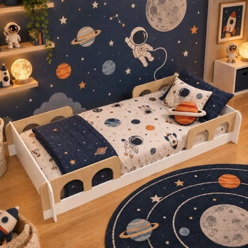 Cama Infantil Montessoriana Solteiro Foguete Branco/Carvalho Mel