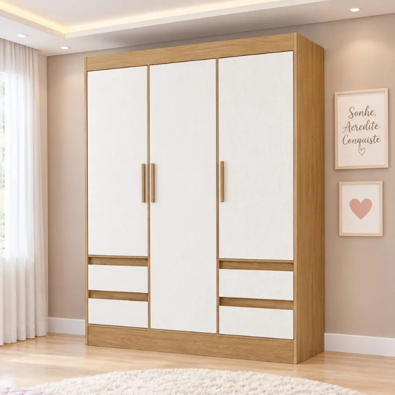 Guarda Roupas Juvenil 3 Portas 4 Gavetas Alice Nature/Off White Espresso Móveis Nature/Off White