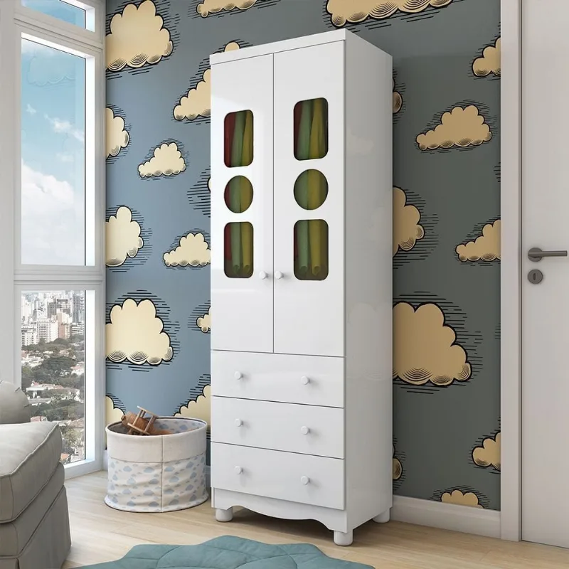 Guarda-Roupa Infantil 61,7cm 2 Portas 3 Gavetas com Janelas e Pés Ezra 100% MDF Espresso Móveis Branco/Brilho Branco Brilho