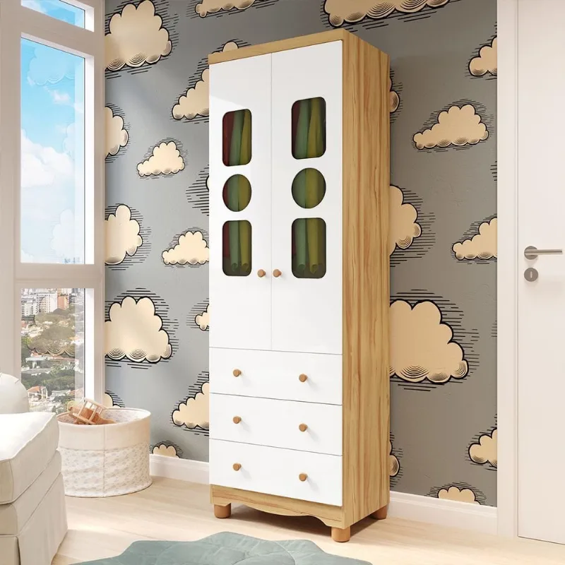 Guarda-Roupa Infantil 61,7cm 2 Portas 3 Gavetas com Janelas e Pés Ezra 100% MDF Espresso Móveis Br Branco/Amêndoa