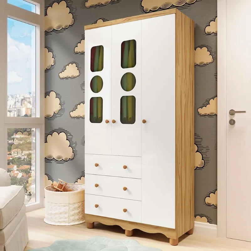 Guarda-Roupa Infantil 91,9cm 3 Portas 3 Gavetas com Janelas e Pés Ezra 100% MDF Espresso Móveis Branco/Amêndoa Branco/Amêndoa