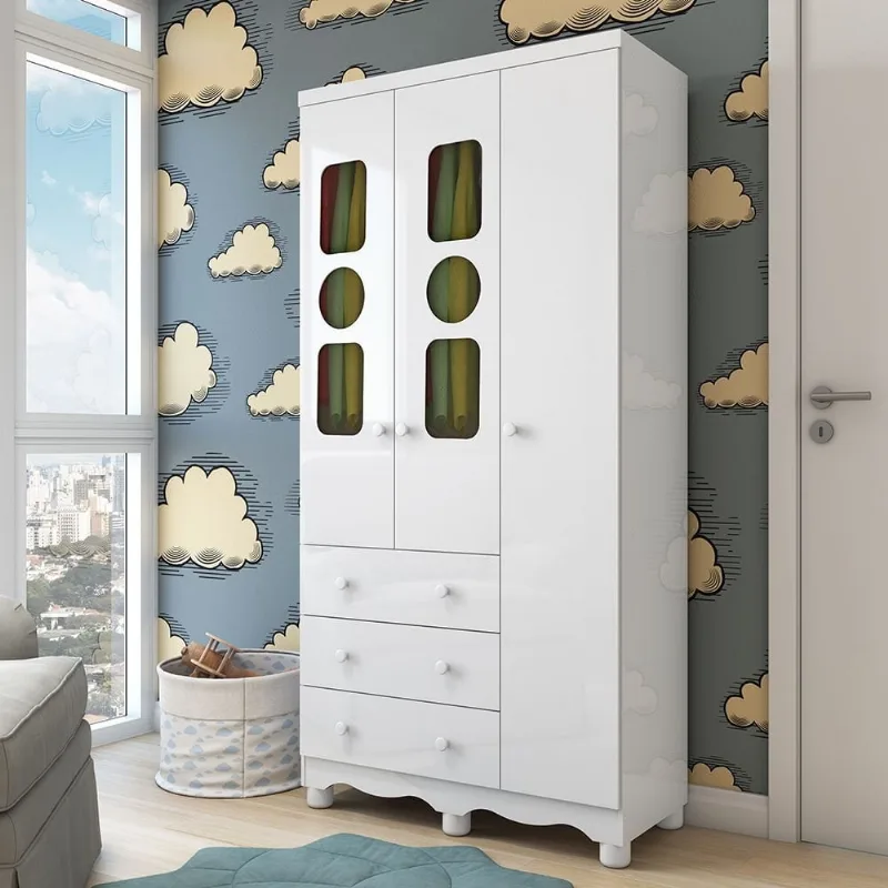 Guarda-Roupa Infantil 91,9cm 3 Portas 3 Gavetas com Janelas e Pés Ezra 100% MDF Espresso Móveis Branco/Brilho Branco Brilho