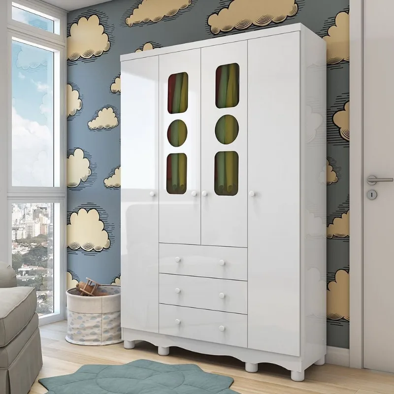 Guarda-Roupa Infantil 122,1cm 4 Portas 3 Gavetas com Janelas e Pés Ezra 100% MDF Espresso Móveis Branco/Brilho Branco Brilho
