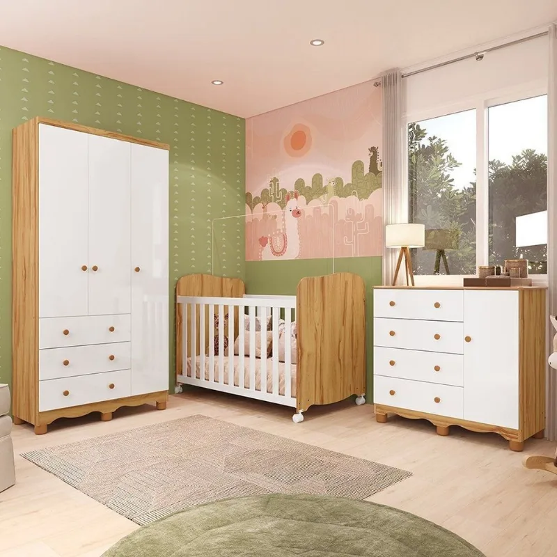Quarto de Bebê Guarda-Roupa 3 Portas Cômoda e Berço MDF Mimo Espresso Móveis Branco Brilho/Amêndoa Branco Brilho/Amêndoa