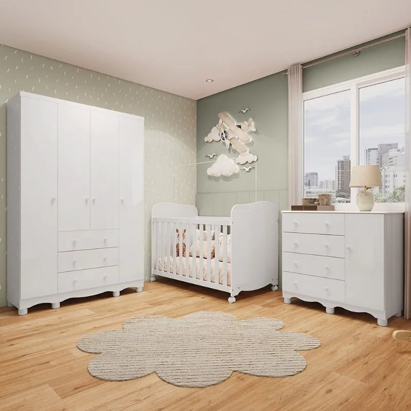 Quarto de Bebê Guarda-Roupa 4 Portas Cômoda e Berço MDF Mimo Espresso Móveis Branco Brilho Branco Brilho