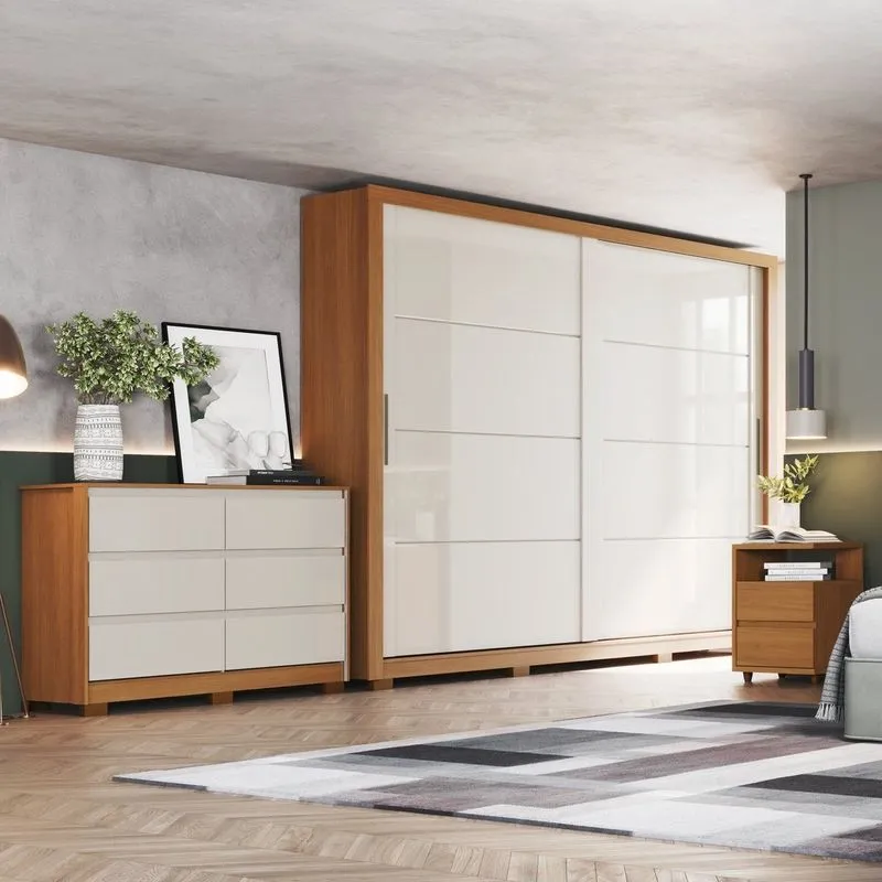 Conjunto Quarto Adulto Guarda-roupa Cômoda Mesa De Cabeceira Palace Cinamomo/Off White