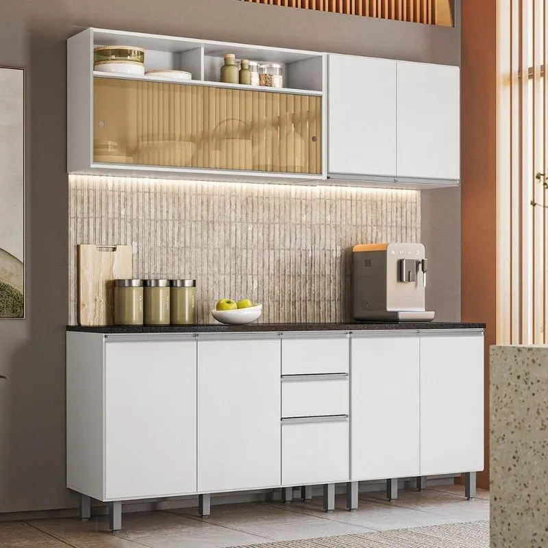 Cozinha Modulada 4 Peças Com Aéreo De Vidro Reflecta Evidence Branco