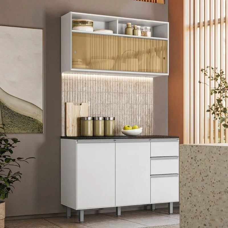 Cozinha Modulada 2 Peças Com Aéreo De Vidro Reflecta E Balcão Tampo Evidence Branco