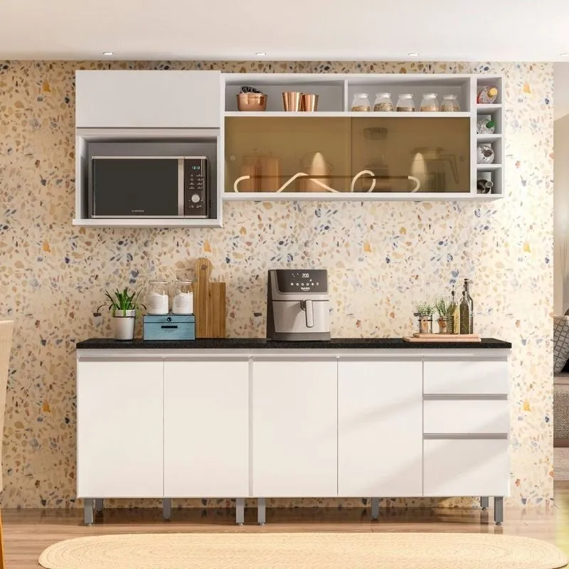 Cozinha Modulada 5 Peças Com Aéreo De Vidro Reflecta E Garrafeiro Evidence Branco