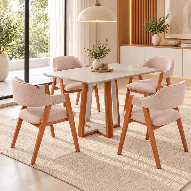 Conjunto Mesa Viena Com Tampo Off White E 4 Cadeiras Serena Estofadas Com Braços De Corda Artesanal Champagne/Off White