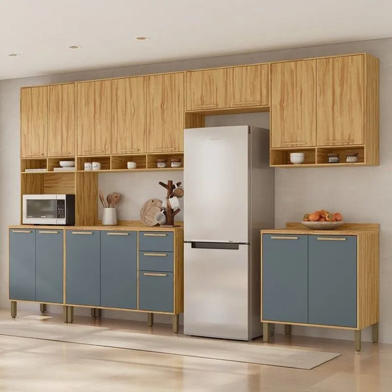 Cozinha Modulada Completa 6 Peças 16 Portas MDF 350cm Malta Espresso Móveis Amêndoa/Platina
