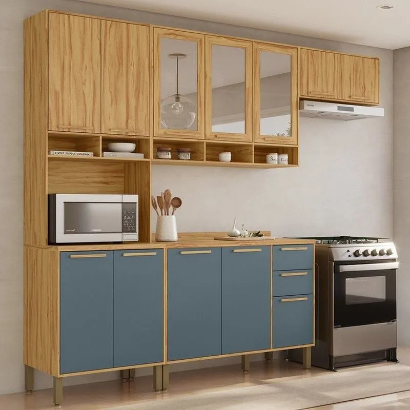 Cozinha Modulada Compacta 4 Peças 12 Portas MDF 270cm Malta Espresso Móveis Amêndoa/Platina