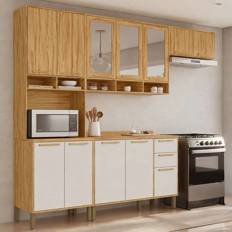 Cozinha Modulada Compacta 4 Peças 12 Portas MDF 270cm Malta Espresso Móveis Amêndoa/Off White
