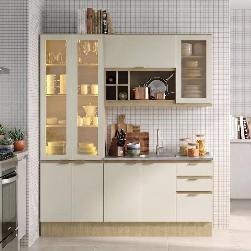 Cozinha Compacta Modulada 3 Peças Com Cristaleira Led Aéreo Sem Tampo De Pia Nanda Nature/arenas