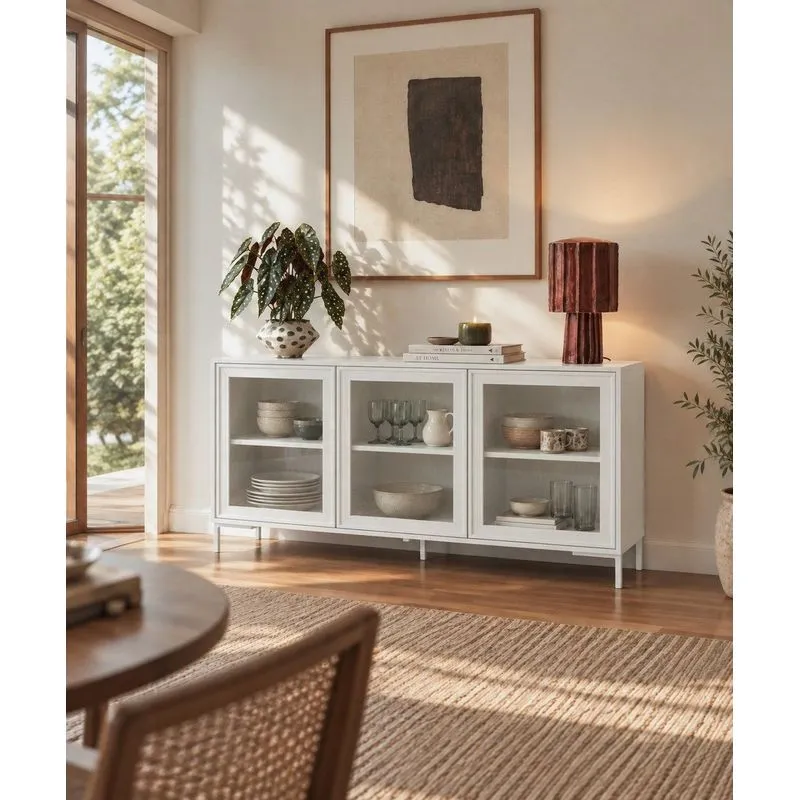 Balcão Buffet 03 Portas Vidro 3 Prateleiras - Branco Branco