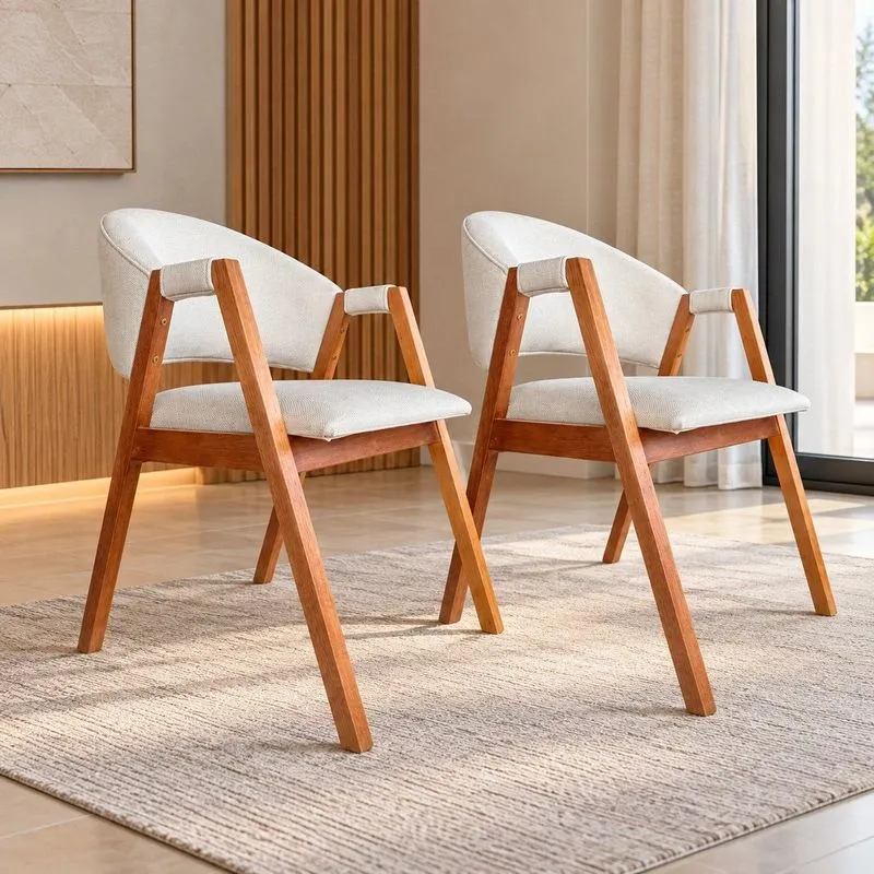 Kit 2 Poltronas Lithi Linho Cor Marfim Ergonomicas & Elegantes Marfim