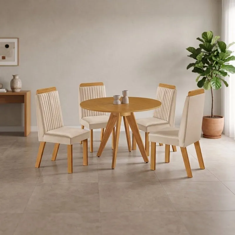 Conjunto Sala De Jantar Mesa Liz Tampo Amadeirado 4 Cadeiras Riviera Castanho Cinamomo/creme Castanho/cinamomo/creme