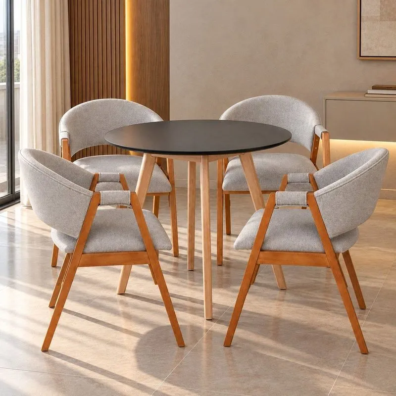 Conjunto Mesa Jantar Tampo Redondo Preto 90cm & 4 Poltronas Moderna Cinza-claro Em Linho Cinza-claro
