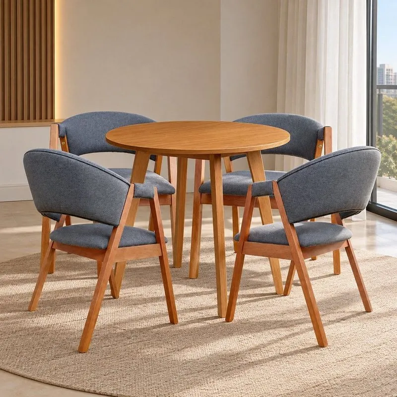 Kit Cadeiras Lithi Confortáveis E Resistentes Em Linho & Mesa Leda 90cm Compacta Design Versátil Cinza-escuro