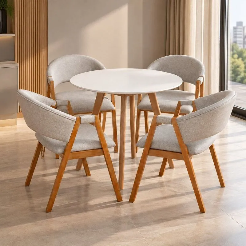 Conjunto Mesa Leda Tampo Redonda 90cm Mdf Tx + 4 Cadeiras Estofadas Em Linho Cinza-claro