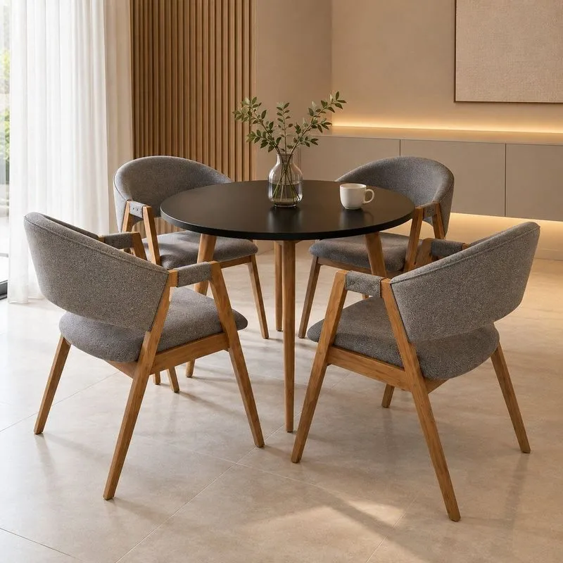 Conjunto Mesa Redonda Leda 90cm MDF 04 Cadeiras Estofadas Ergonômica Em Linho Cinza-escuro