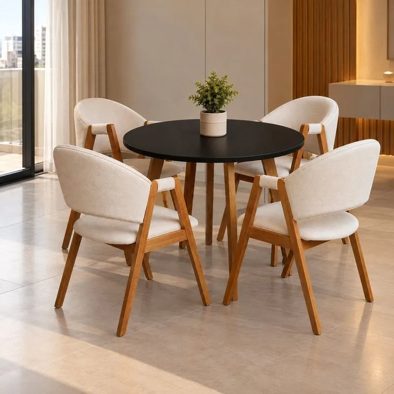 Conjunto Mesa Leda Tampo Redondo 90cm + 4 Cadeiras Lith Modernas & Sofisticadas Em Linho Marfim Marfim