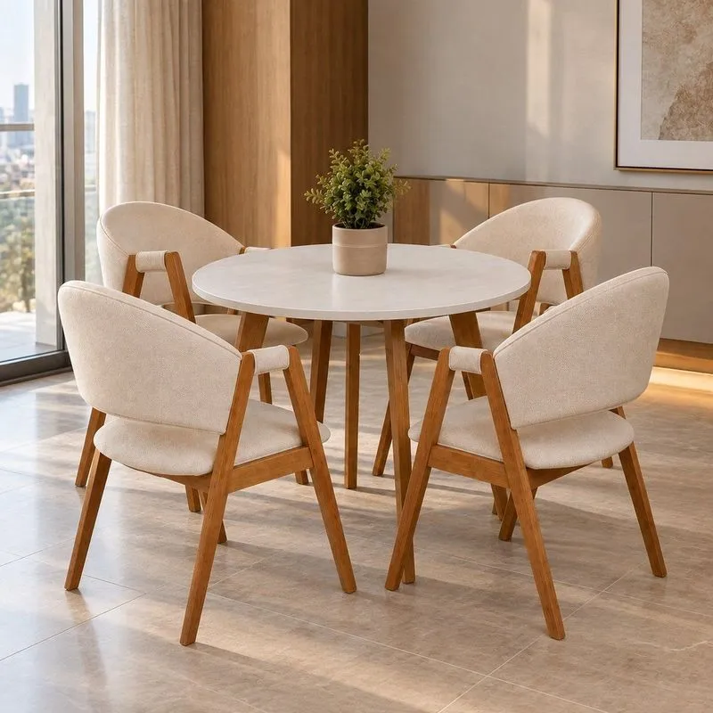 Conjunto Mesa Leda 90cm Compacta & 4 Cadeiras Ergonômicas Design Moderno Em Linho Marfim