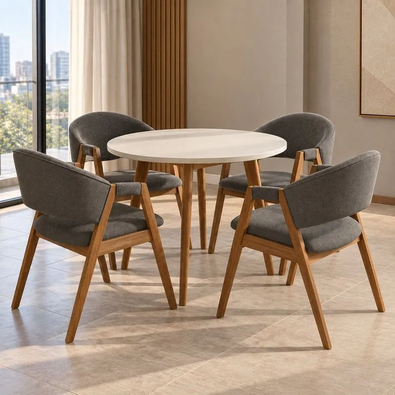 Conjunto Mesa Branca 90cm & 4 Cadeiras Lithi Design Sofisticado Em Linho Cinza-escuro Cinza-escuro