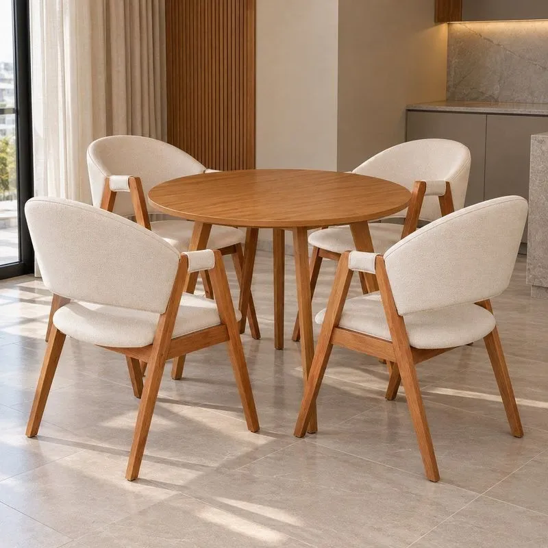 Conjunto Mesa Compacta Freijó 90cm & 4 Poltronas Lithi Em Linho Marfim Confortáveis & Delicadas Marfim