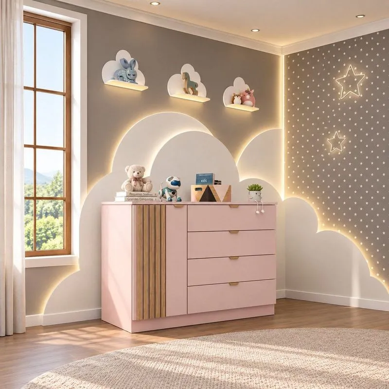 Cômoda Infantil 100% MDF 4 Gavetas 1 Porta Ripado Ayla Rose Rosa