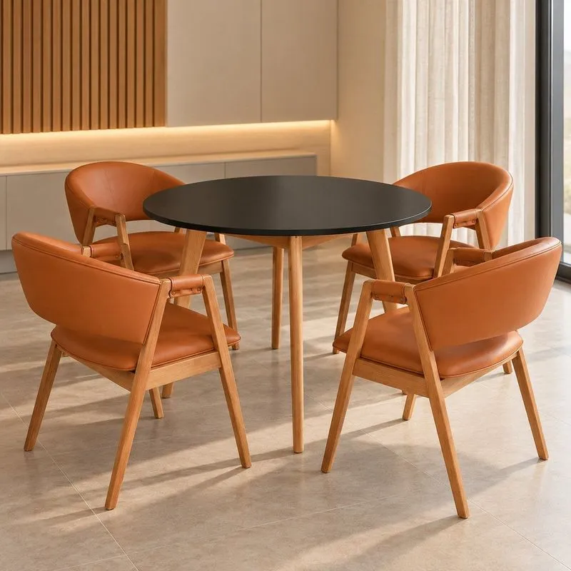 Kit Mesa De Jantar Redonda 90cm Com 4 Poltronas Estofadas Confortáveis Para Ambientes Modernos Marrom