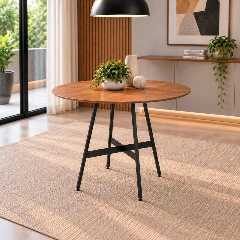 Mesa De Jantar Redonda Clarice 90 Cm Aço Preto Tampo Cinamomo Preto Com Cinamomo